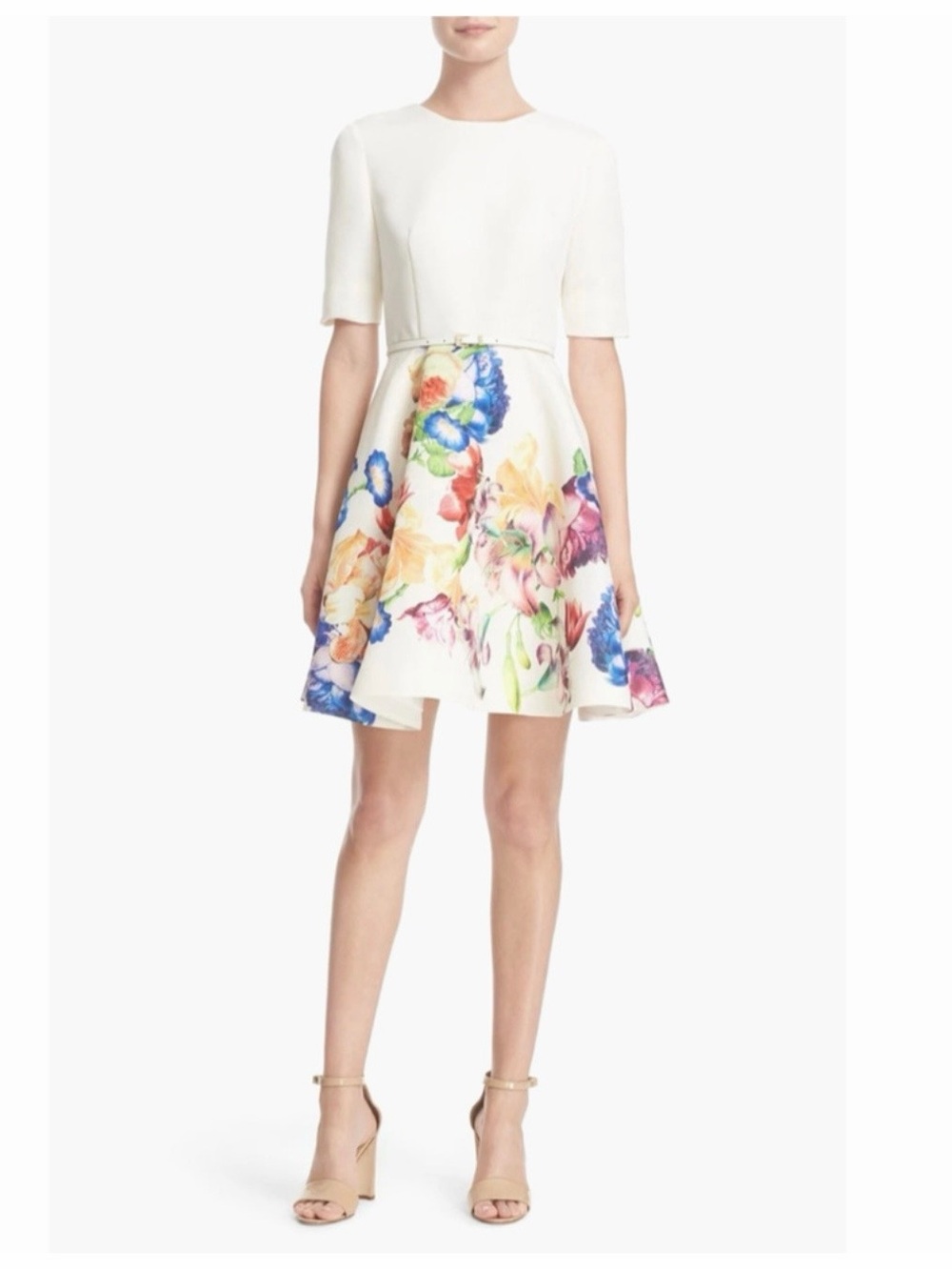 TED BAKER LONDON "Tutsi" Women Size US 12 Ivory Floral Belted Short Sleeve Dress
